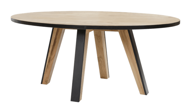 Oval wooden dining table with black sides and wood+iron dining leg