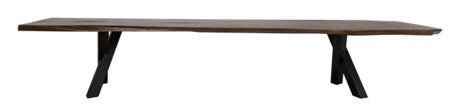 Mango slab dining table with tilted swiss x-leg