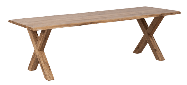 Live edge dining table with wooden x-leg